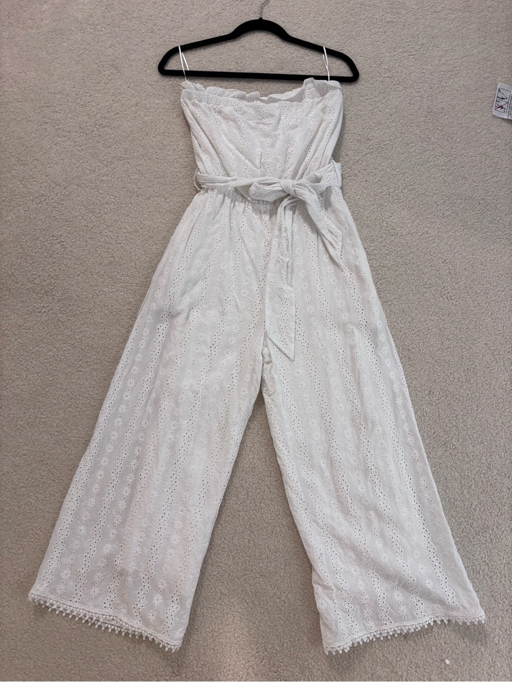 Lost + Wander White Strapless Eyelet Jumpsuit with Waist Tie